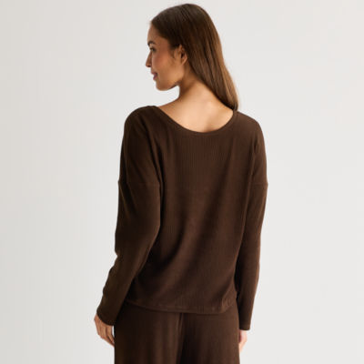 Ambrielle Womens Rib V Neck Long Sleeve Pajama Top