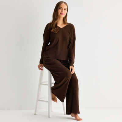Ambrielle Womens Rib V Neck Long Sleeve Pajama Top