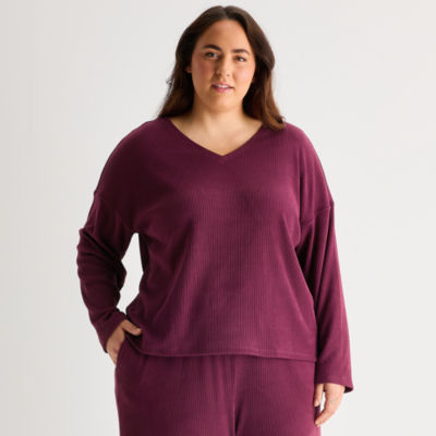 Ambrielle Womens Rib V Neck Long Sleeve Plus Pajama Top