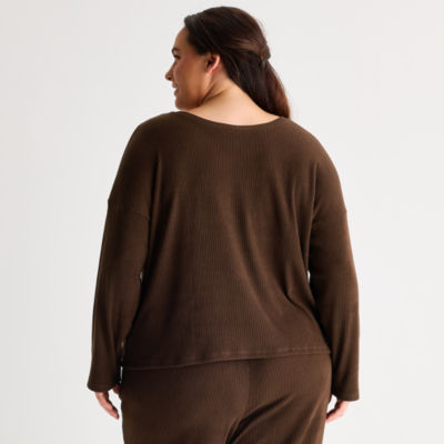 Ambrielle Womens Rib V Neck Long Sleeve Plus Pajama Top