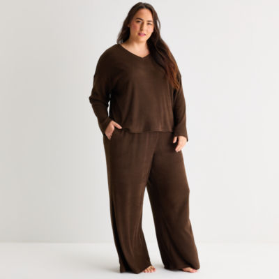 Ambrielle Womens Rib V Neck Long Sleeve Plus Pajama Top