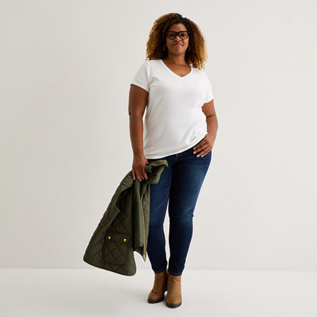 St. John's Bay Womens Plus V Neck Short Sleeve T-Shirt, 2x, White