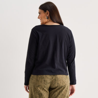 a.n.a Womens Y Neck Long Sleeve T-Shirt