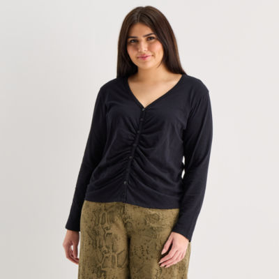 a.n.a Womens Y Neck Long Sleeve T-Shirt