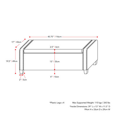 Corliving Boston Living Room Collection Storage Nailhead Trim Bench