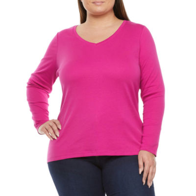 St. John's Bay Womens Plus V Neck Long Sleeve T-Shirt