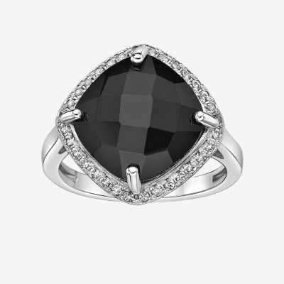 Womens Genuine Black Onyx Sterling Silver Cushion Halo Cocktail Ring