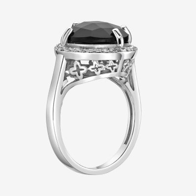 Womens Genuine Black Onyx Sterling Silver Cushion Halo Cocktail Ring