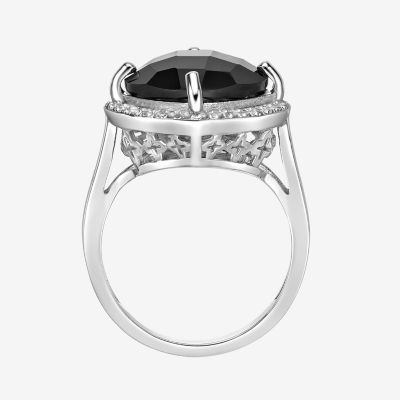 Womens Genuine Black Onyx Sterling Silver Cushion Halo Cocktail Ring