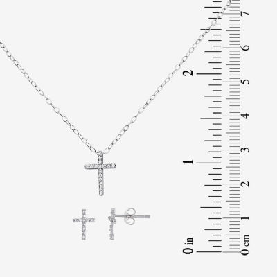 Girls Sterling Silver Cubic Zirconia Cross Pendant Necklace & Earring Set