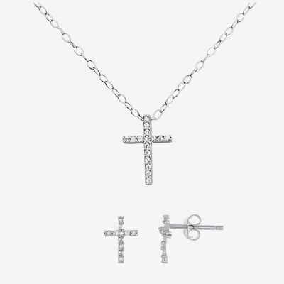 Girls Sterling Silver Cubic Zirconia Cross Pendant Necklace & Earring Set