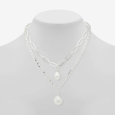 Worthington Silver Tone Simulated Pearl 21 Inch Link Strand Necklace