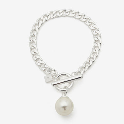 Worthington Silver Tone Simulated Pearl Curb Chain Bracelet