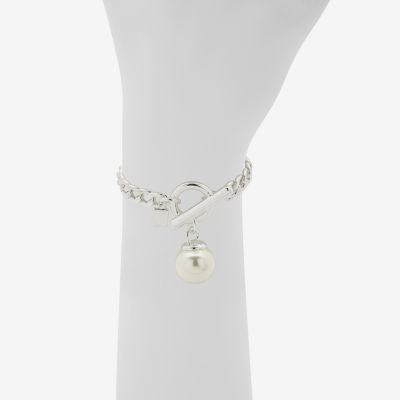 Worthington Silver Tone Simulated Pearl Curb Chain Bracelet