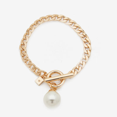 Worthington Toggle Charm Simulated Pearl 8 Inch Curb Chain Bracelet