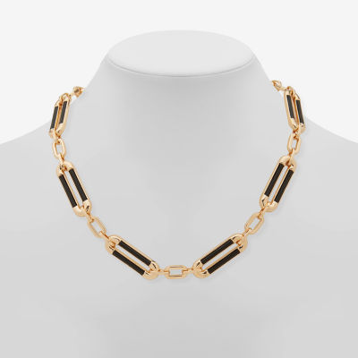 Worthington Gold Tone & Black Leather Link Womens 17 Inch Collar Necklace