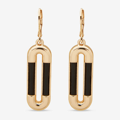 Worthington Gold Tone & Black Leather  Link Drop Earrings