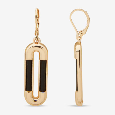 Worthington Gold Tone & Black Leather  Link Drop Earrings