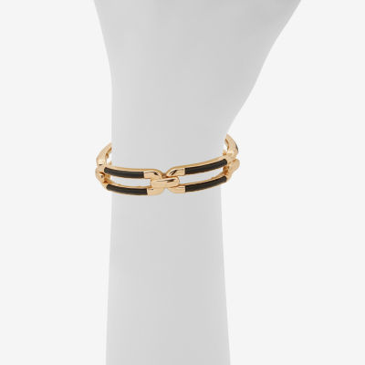 Worthington Gold Tone & Black Leather Link Stretch Bracelet