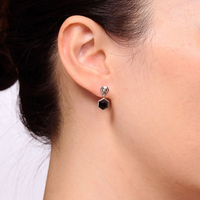 Womens Genuine Black Onyx Sterling Silver Round Drop Earrings