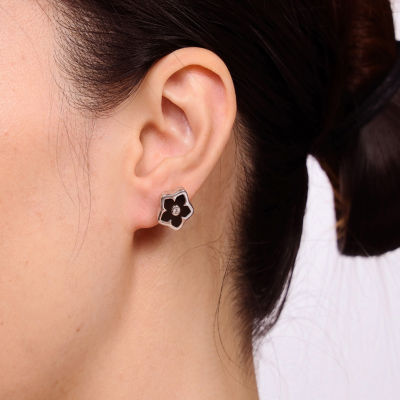 Genuine Black Onyx Sterling Silver 13mm Flower Stud Earrings