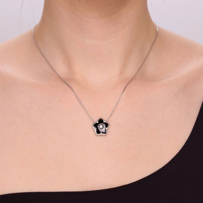 Womens Genuine Black Onyx Sterling Silver Flower 18 Inch Pendant Necklace