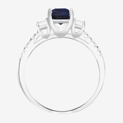 Womens 3/8 CT. T.W. Lab Created Blue Sapphire 10K White Gold Halo Side Stone Cocktail Ring