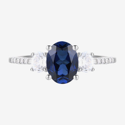 Womens /3 CT. T.W. Lab Created Blue Sapphire 10K White Gold Halo Side Stone Cocktail Ring