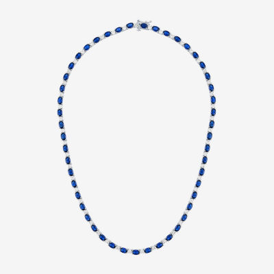 Womens Blue Sapphire Sterling Silver 18 Inch Tennis Necklace
