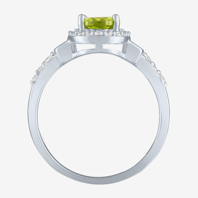 Womens Genuine Green Peridot Sterling Silver Halo Side Stone Cocktail Ring