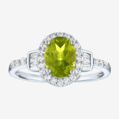 Womens Genuine Green Peridot Sterling Silver Halo Side Stone Cocktail Ring