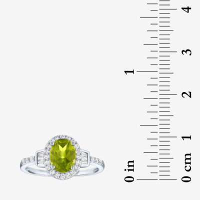 Womens Genuine Green Peridot Sterling Silver Halo Side Stone Cocktail Ring