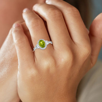 Womens Genuine Green Peridot Sterling Silver Halo Side Stone Cocktail Ring