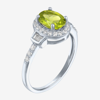 Womens Genuine Green Peridot Sterling Silver Halo Side Stone Cocktail Ring