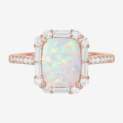 Womens Lab Created White Opal 14K Rose Gold Over Silver Side Stone Cocktail Ring