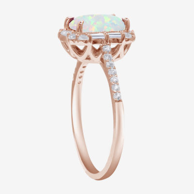 Womens Lab Created White Opal 14K Rose Gold Over Silver Side Stone Cocktail Ring