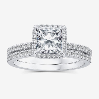 Signature By Modern Bride (G / Si1-Si2) Womens 2 CT. T.W. Lab Grown White Diamond 10K Gold Side Stone Halo Engagement Ring