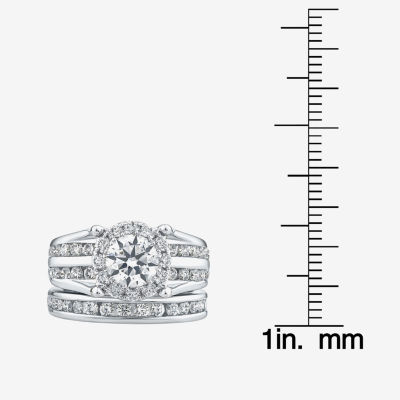 G / Si1-Si2) Womens CT. T.W. Lab Grown White Diamond 10K Gold Round Side Stone Halo Bridal Set