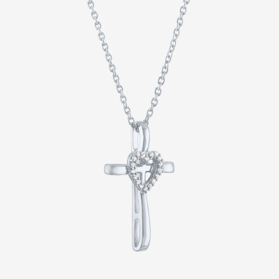 Faith" Womens Accent Natural Diamond Sterling SIlver Cross Pendant Necklace"