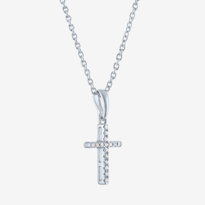 Diamond Accent "Faith" Womens Diamond Accent Natural White Diamond Sterling Silver Cross Pendant Necklace