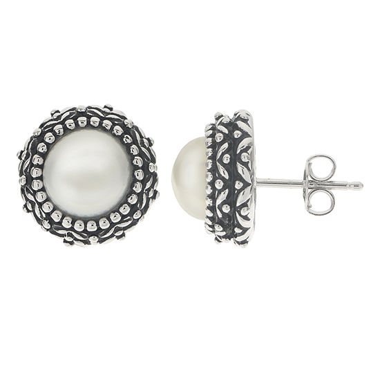 Cultured Freshwater Button Pearl Oxidized Sterling Silver Stud Earrings