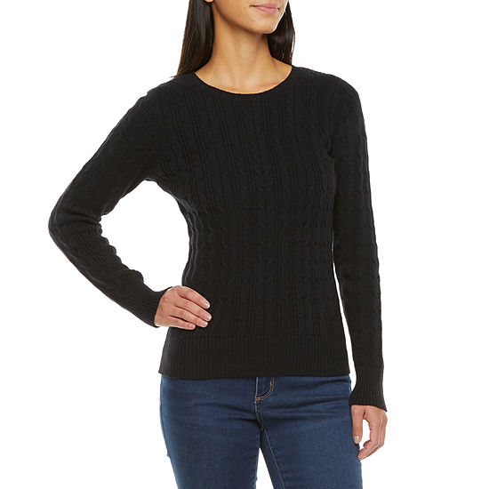 St. John's Bay Womens Cable Crew Neck Long Sleeve Pullover Sweater