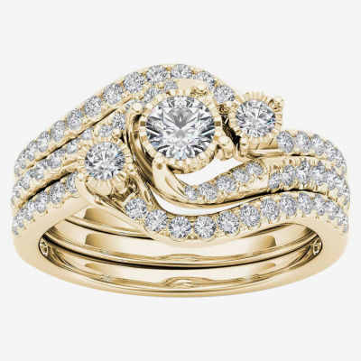 Love Lives Forever Womens 3/4 CT. T.W. Natural White Diamond 14K Gold Round 3-Stone Bypass  Bridal Set