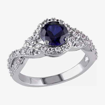 Modern Bride Gemstone Womens Lab Created Blue Sapphire Sterling Silver Round Halo Engagement Ring