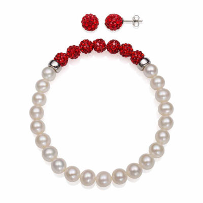 Cultured Freshwater Pearl & Red Lab Created Crystal Bead Sterling Silver Jewelry Set