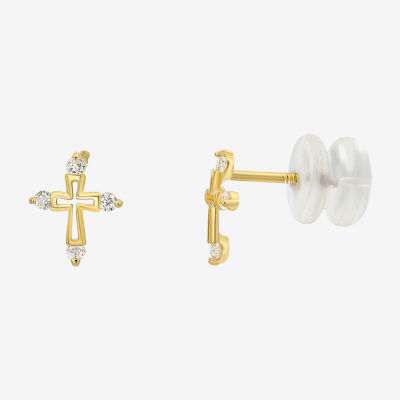 Girls 14K Yellow Gold Cubic Zirconia Cross Stud Earrings