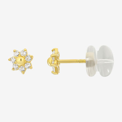 Girls 14K Yellow Gold Cubic Zirconia Flower Stud Earrings