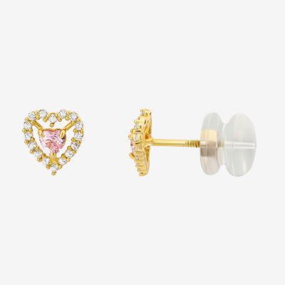 Pink Cubic Zirconia 14K Gold 6mm Heart Stud Earrings