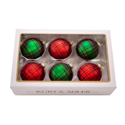 Kurt Adler 80 Mm Red And Green Plaid Glitter Balls 6-pc. Christmas Ornament