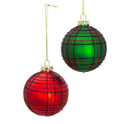 Kurt Adler 80 Mm Red And Green Plaid Glitter Balls 6-pc. Christmas Ornament